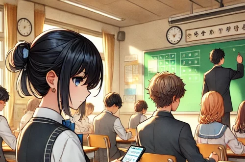 Punto-y-final-Ilustracion-de-estilo-anime-ambientada-en-un-aula-moderna.-En-primer-plano-una-estudiante-esta-sentada-en-un-escritorio-vista-de-espaldas-o-de-lado-sosteniendo-un-pequeno