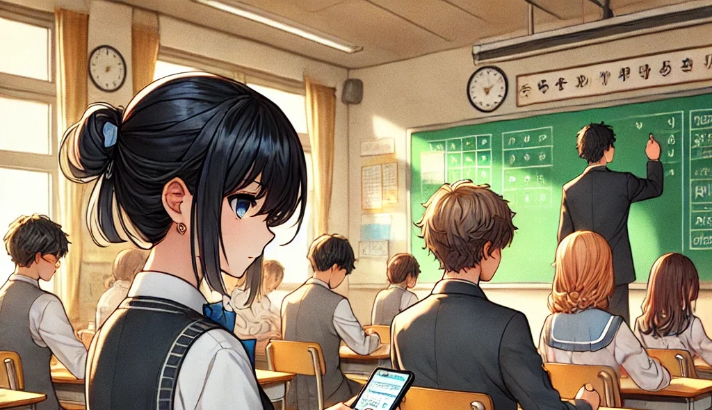 Punto-y-final-Ilustracion-de-estilo-anime-ambientada-en-un-aula-moderna.-En-primer-plano-una-estudiante-esta-sentada-en-un-escritorio-vista-de-espaldas-o-de-lado-sosteniendo-un-pequeno